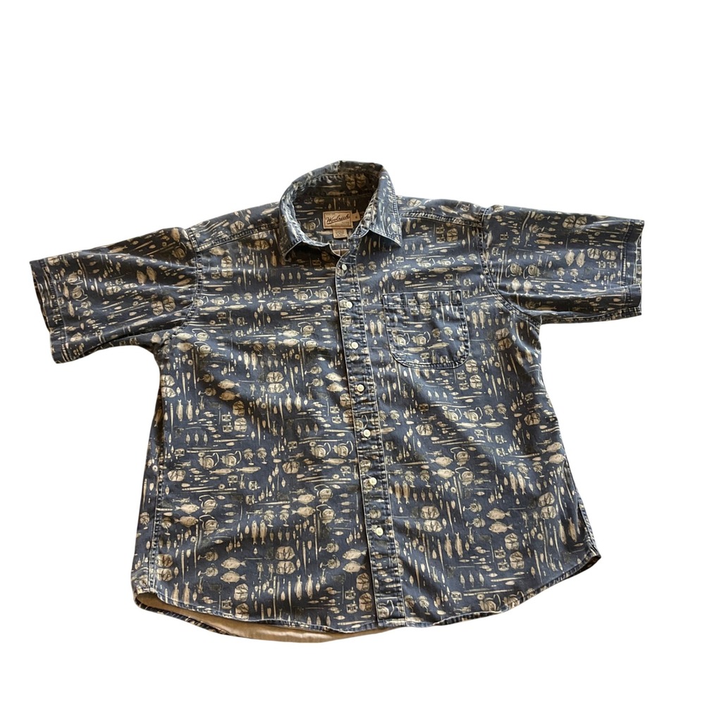 Woolrich Fishing Shirt Mens XL Blue Cotton All Over Print Short Sleeve Button Up